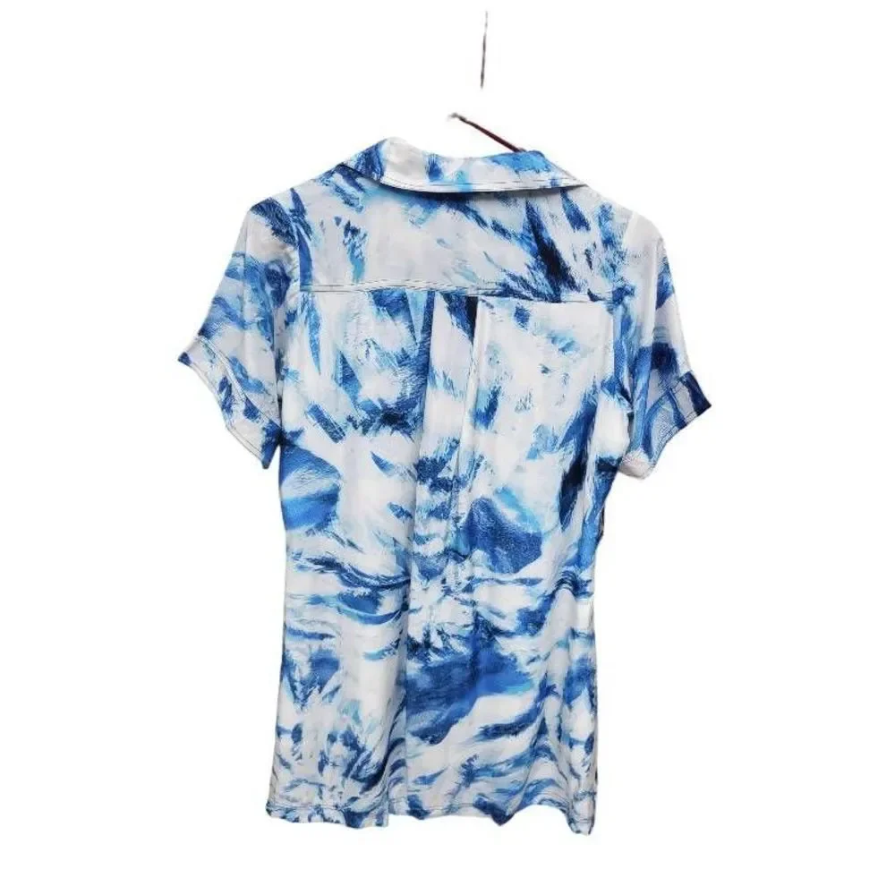 NEW $385 Marie Oliver Shirt Dress Women's XS Blue Tie Dye Pockets Collar Short_2
